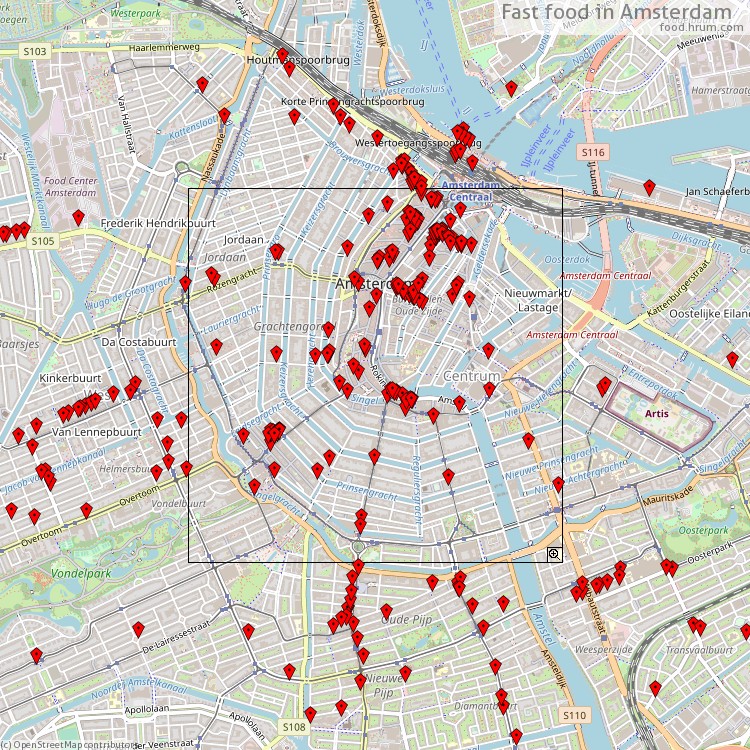Fast food Amsterdam - map of restaurants