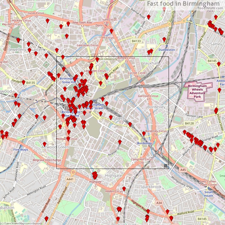 Fast food Birmingham - map of restaurants