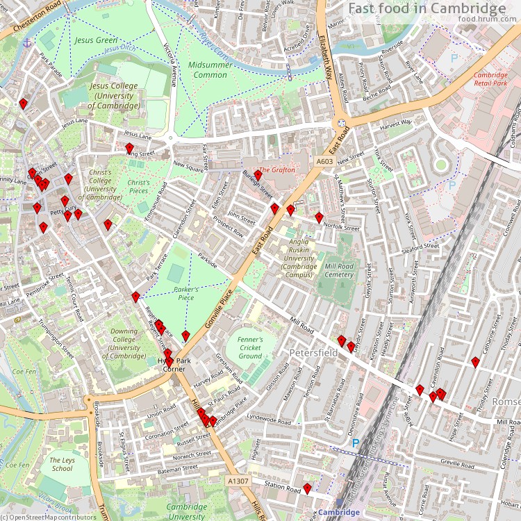 Fast food Cambridge - map of restaurants