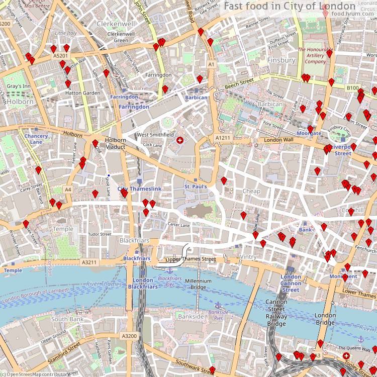 Fast food City of London - map of restaurants