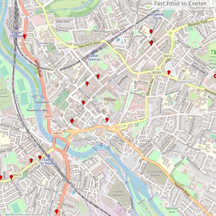 Fast food Exeter - map of restaurants