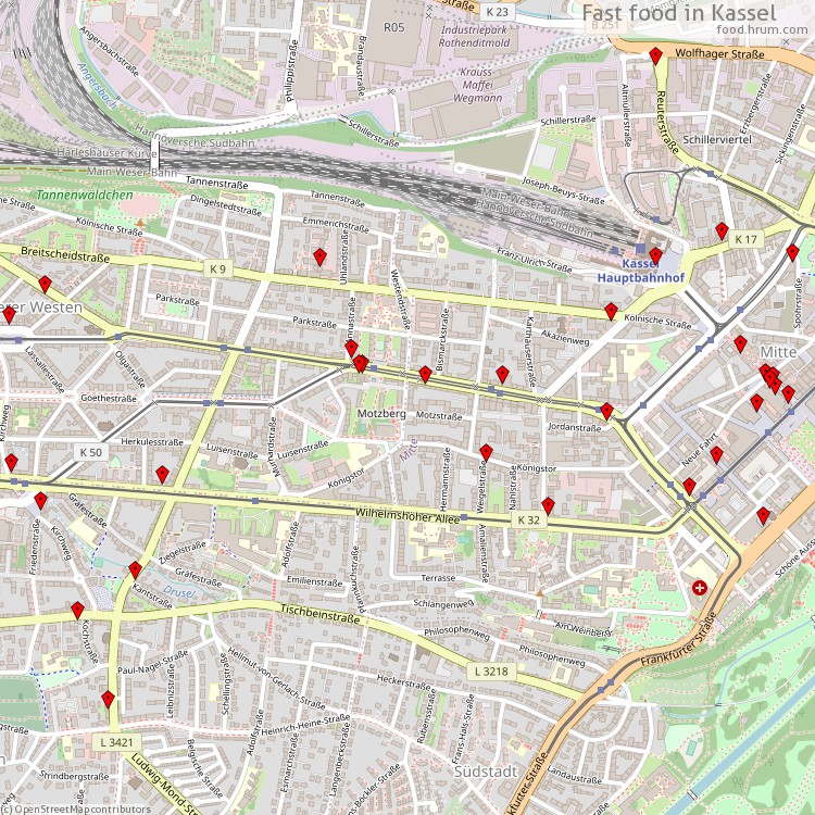 Fast Food Kassel - map of restaurants
