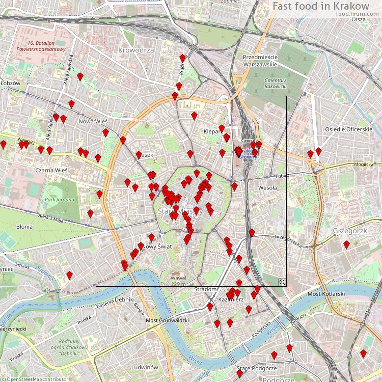 Fast food Kraków - map of restaurants