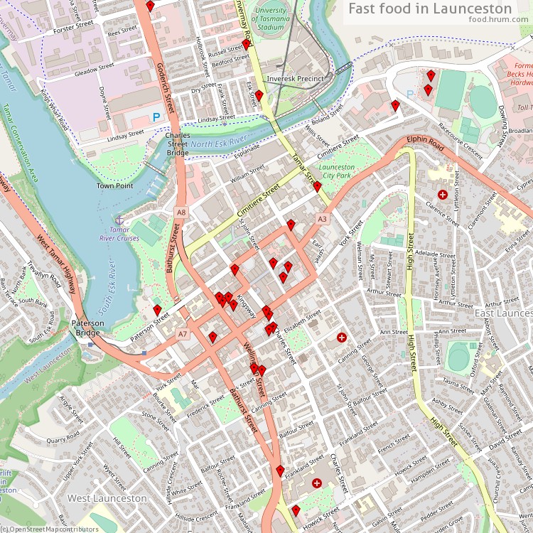 Fast food Launceston - map of restaurants