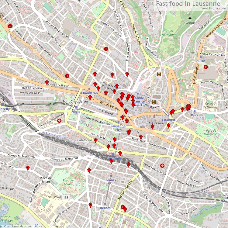 Fast food Lausanne - map of restaurants