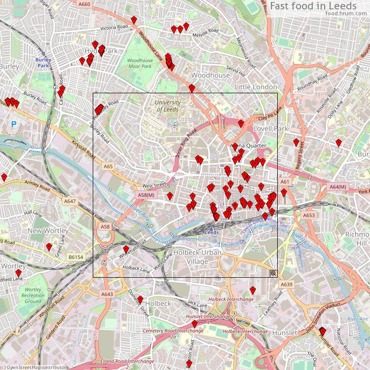 Fast food Leeds - map of restaurants