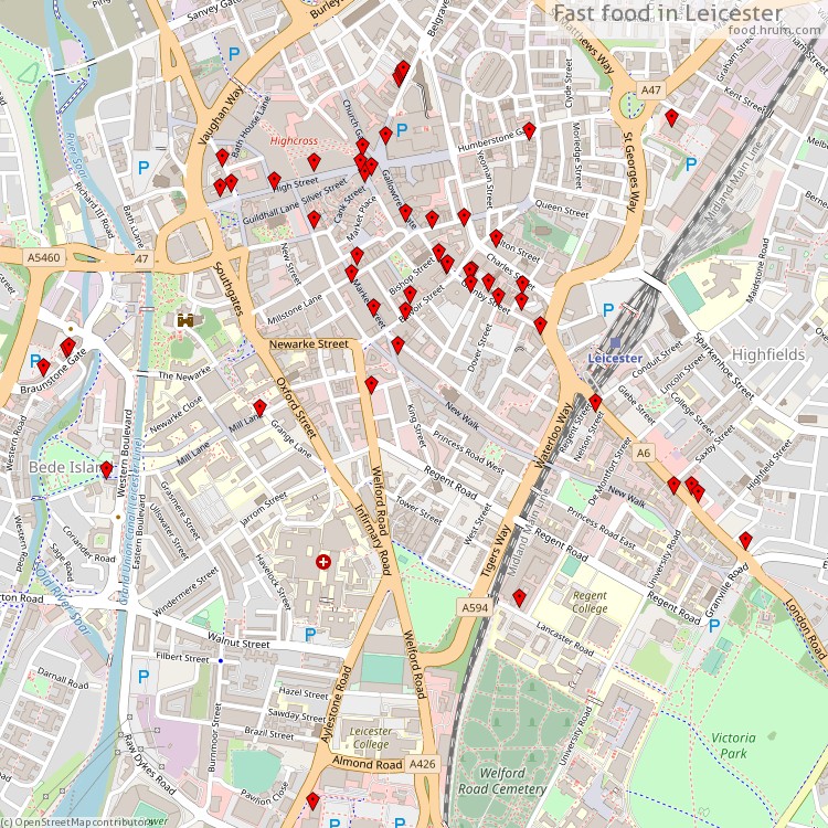 Fast food Leicester - map of restaurants