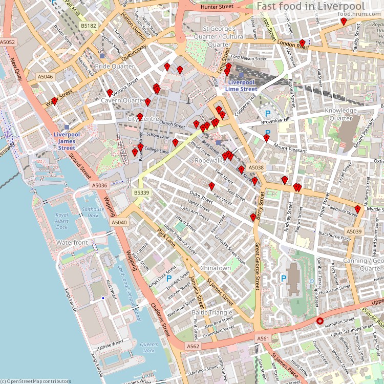Fast food Liverpool - map of restaurants