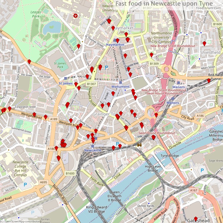 Fast food Newcastle upon Tyne - map of restaurants