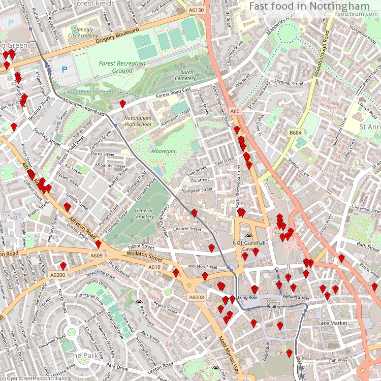 Fast food Nottingham - map of restaurants
