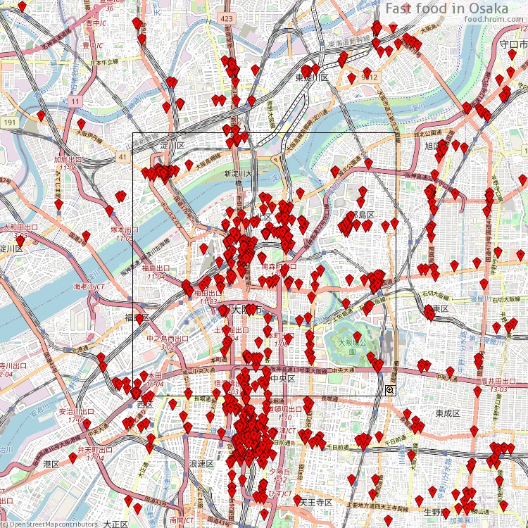 Fast food Osaka - map of restaurants