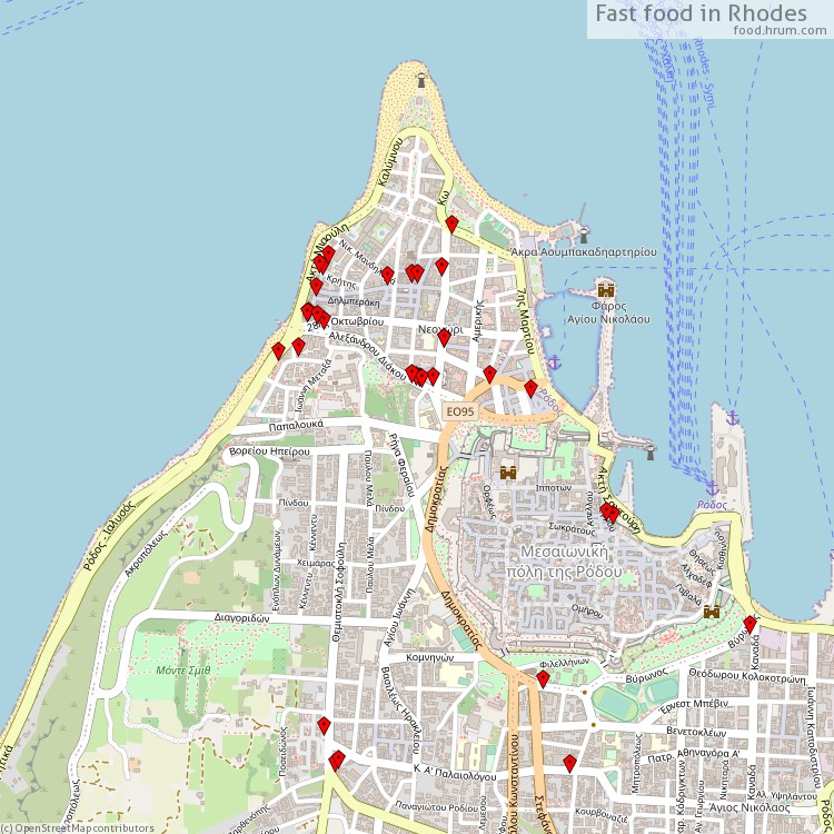 Fast food Rhodes - map of restaurants