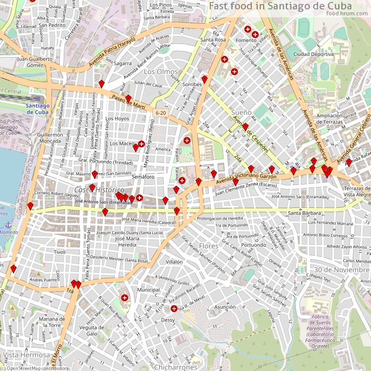 Fast food Santiago de Cuba - map of restaurants