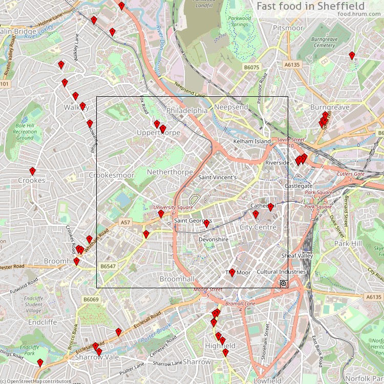 Fast food Sheffield - map of restaurants