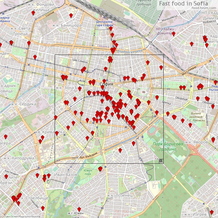 Бързо хранене София - map of restaurants