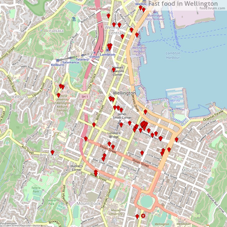 Fast food Wellington - map of restaurants