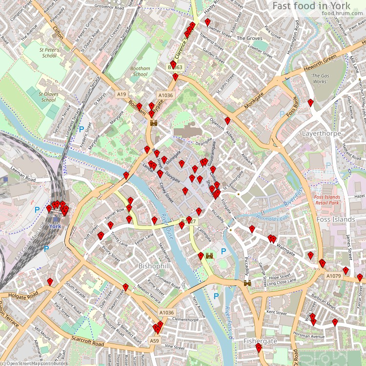Fast food York - map of restaurants