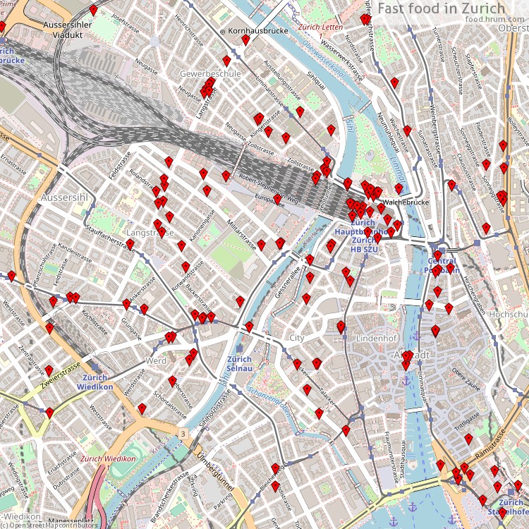 Fast Food Zürich - map of restaurants